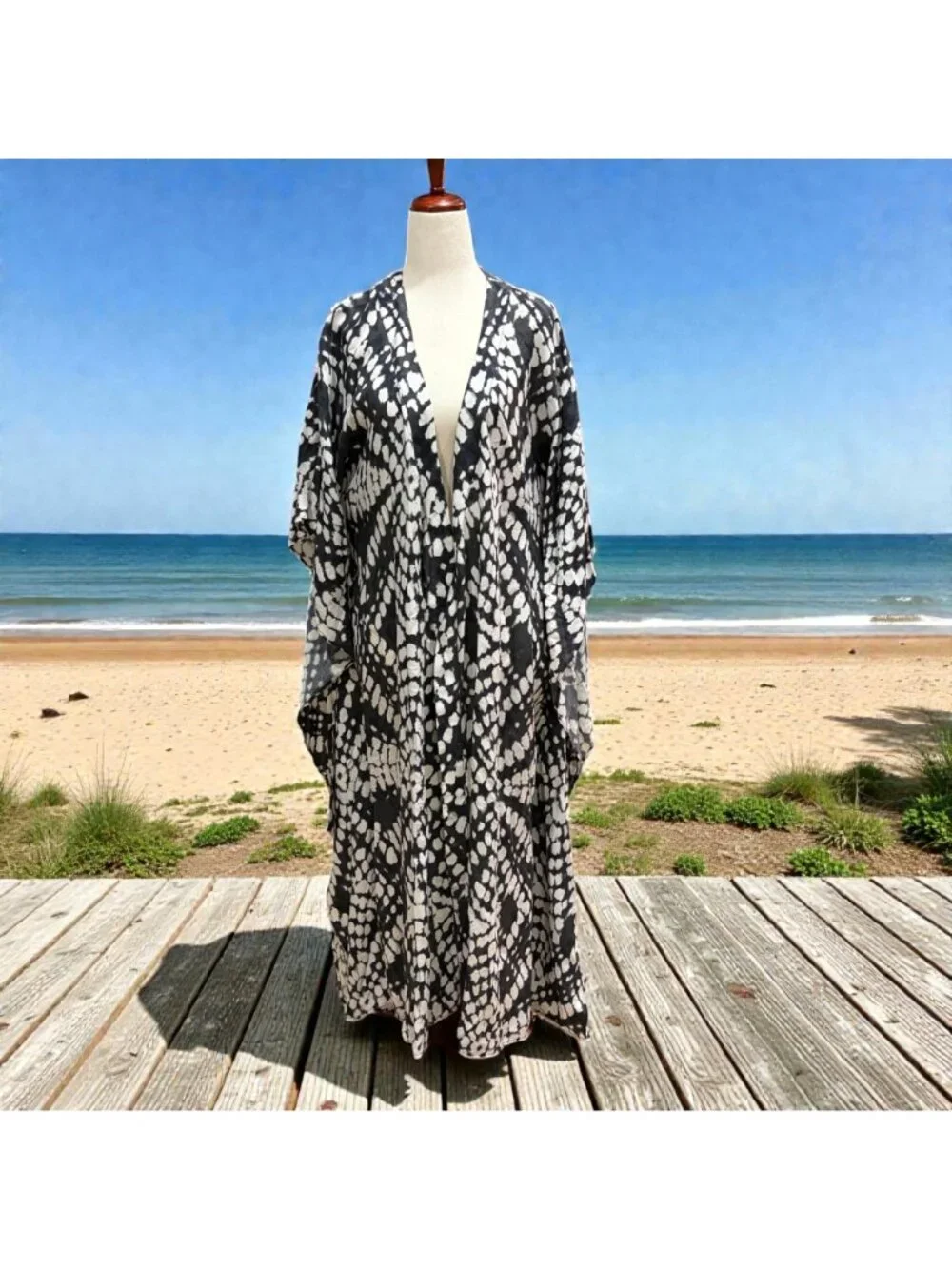 Anthropologie Batik Printed Maxi Swim Robe Kaftan Kimono Duster Maxi Size XS/S - Picture 4 of 9